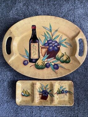Hand-Painted Ceramic Serving Tray & Divided Dish - Yellow with Fruit Motif